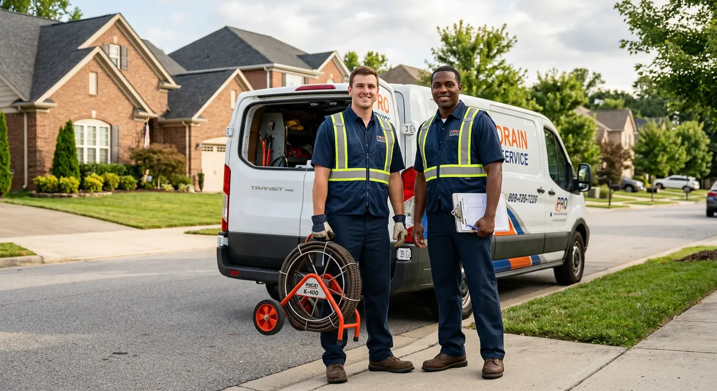 Sewer and drain service team with equipment ready for work in Rosedale