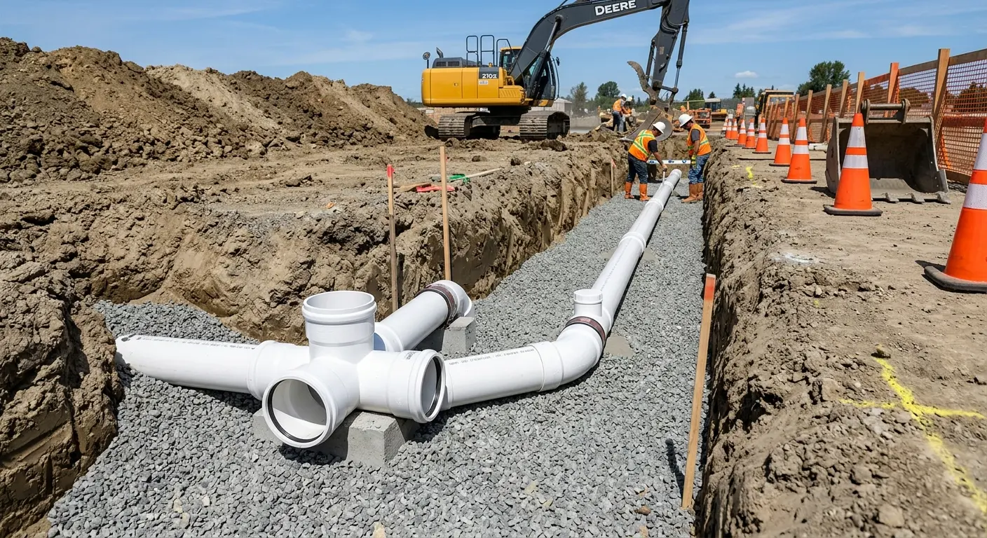 New PVC sewer pipe installation in open trench for Sewer Backup in Rosedale