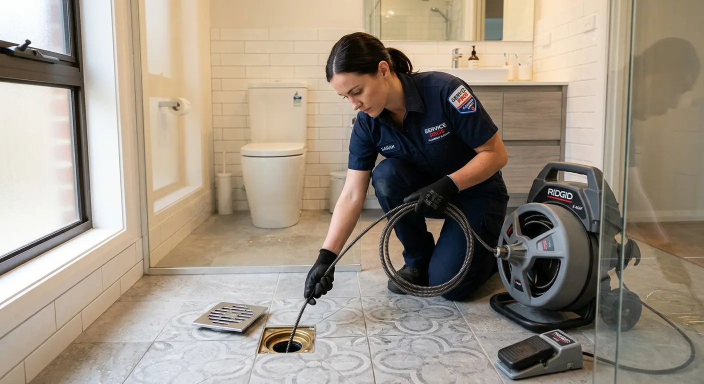 Technician clearing a bathroom floor drain for Drain Cleaning in Rosedale